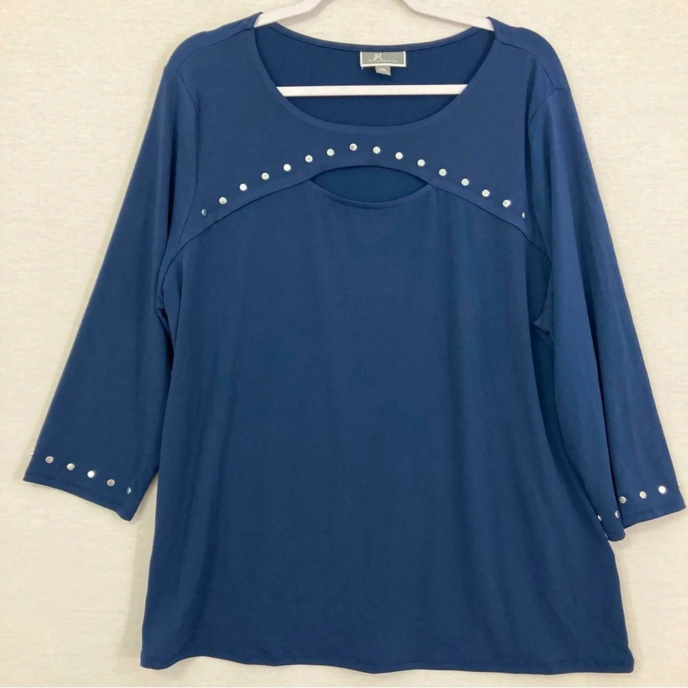 JM Collection Navy Studded Cut Out Stretch Round Neck Pullover Top XXL
